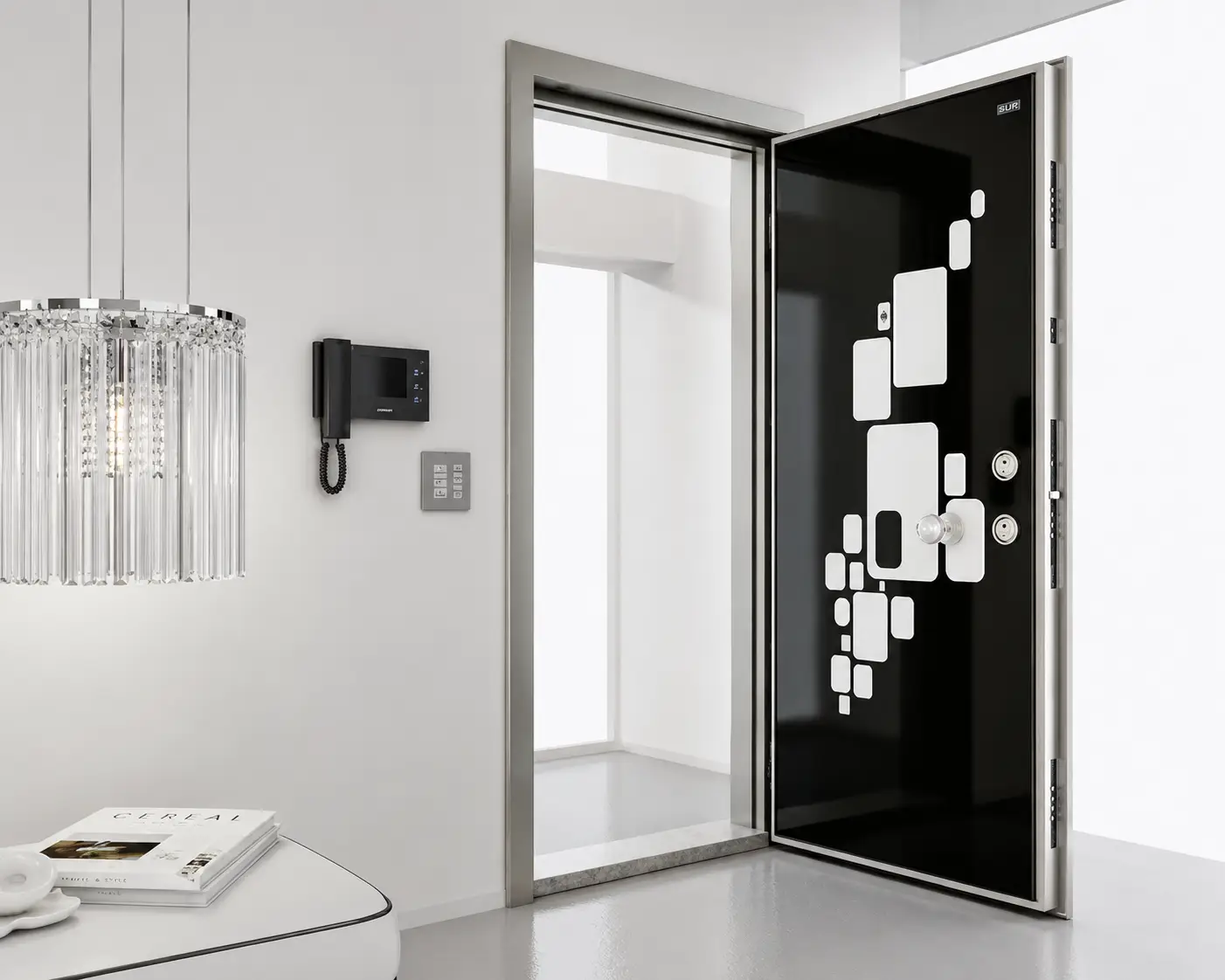 GEOMETRİK temperli cam dijital baskılı daire çelik kapısı